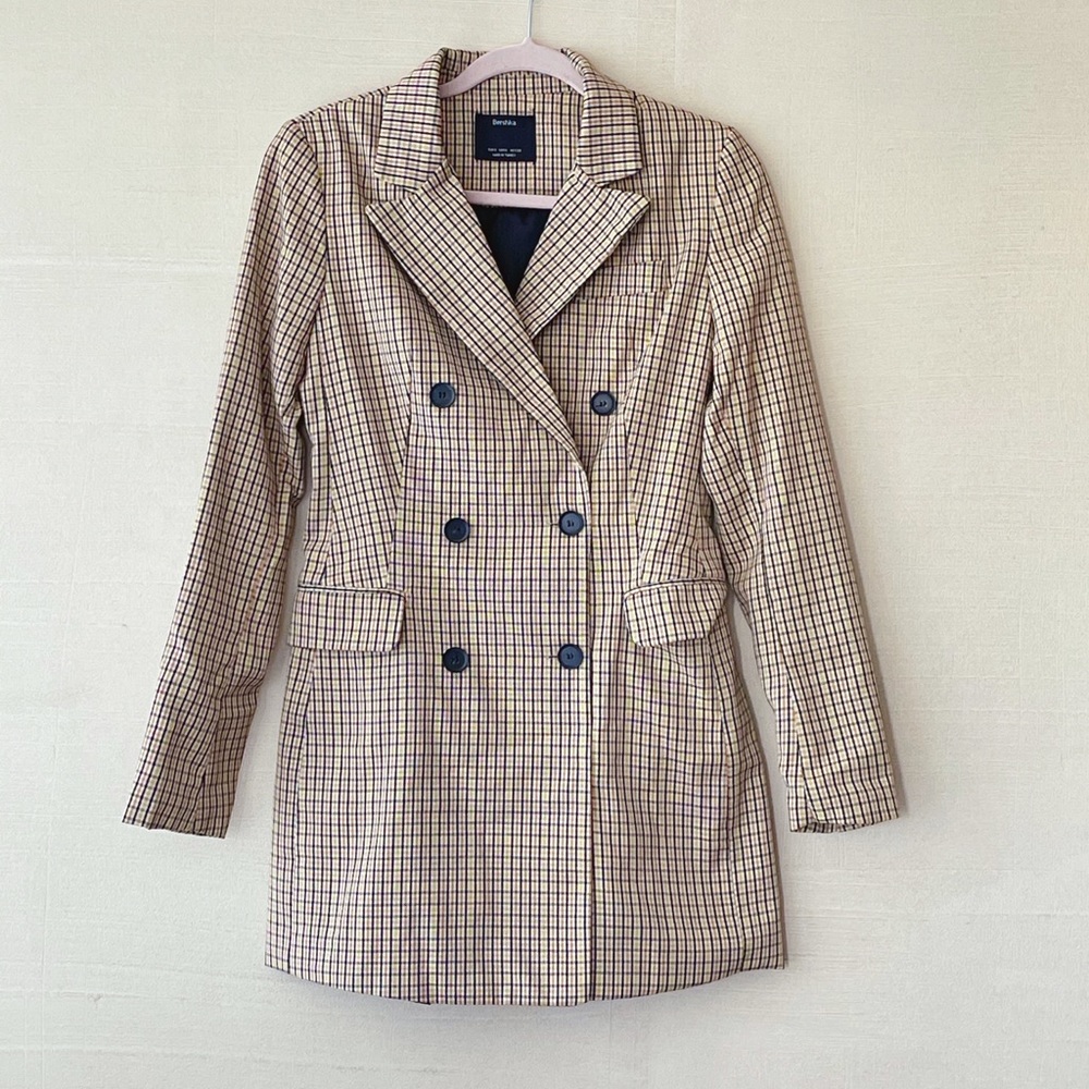 Bershka Shawl Collar Plaid Double Breasted Blazer